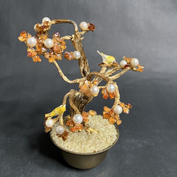 VTG Swoboda Metal Trunk – Carnelian, Pearl, Porcelain Birds – Bonsai Tree – Bras - Picture 1 of 10